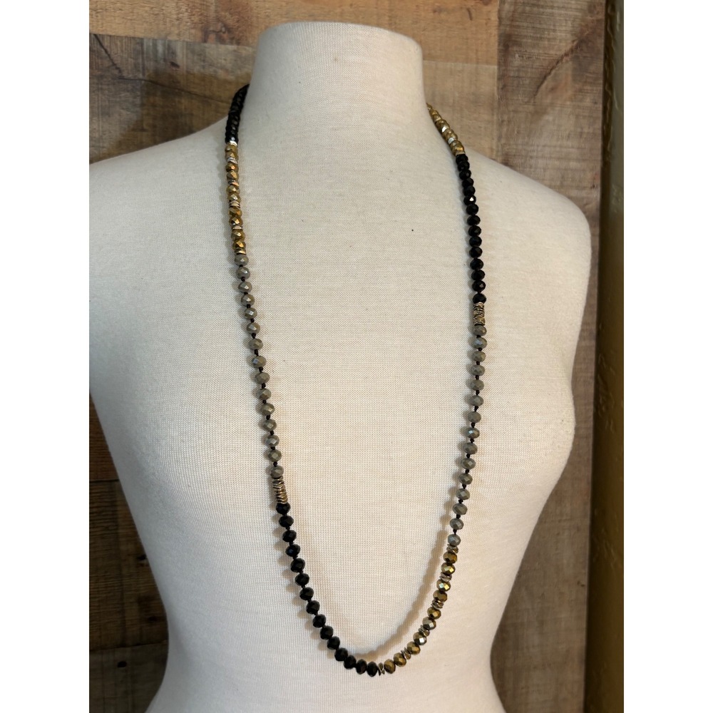 Long Faceted Glass Bead Knotted Strand Necklace Black Grey Bronze